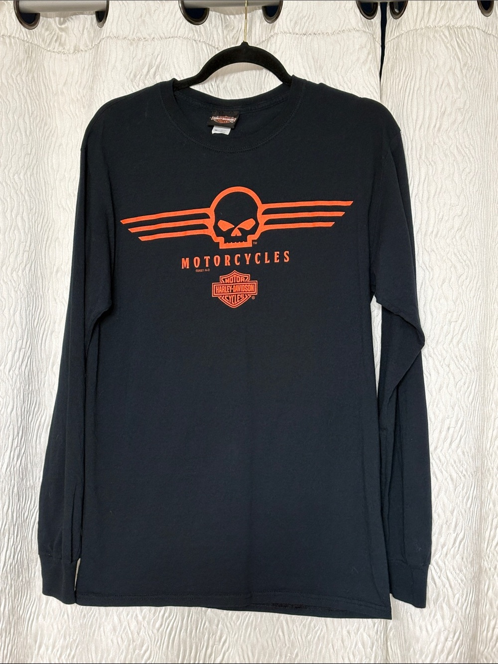 Harley-Davidson Black Long-Sleeve Tee with Orange Skull Wing Graphic-Size M